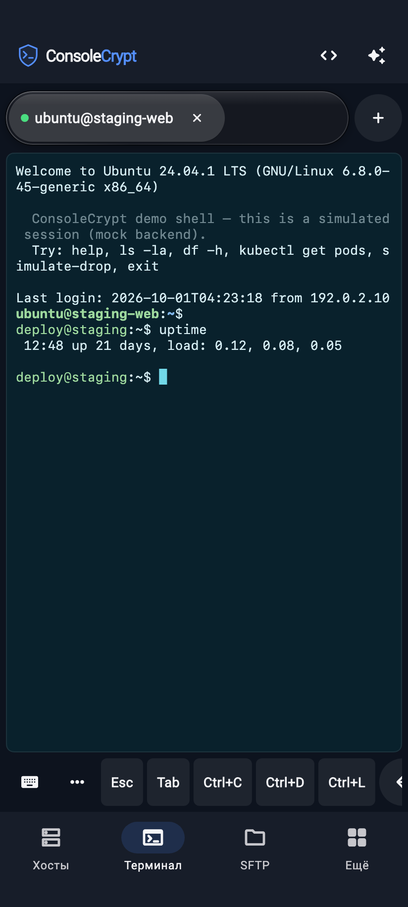 Мобильный терминал ConsoleCrypt с демонстрационным SSH-сеансом, панелью клавиш и нижней навигацией